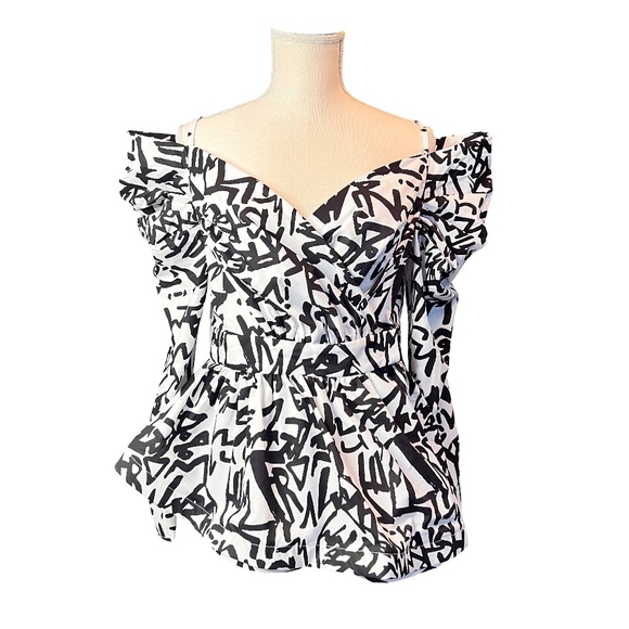 #A024   For Her NYC  Black & White Off-Shoulder Peplum Top  Size S  NWT - Picture 2 of 13